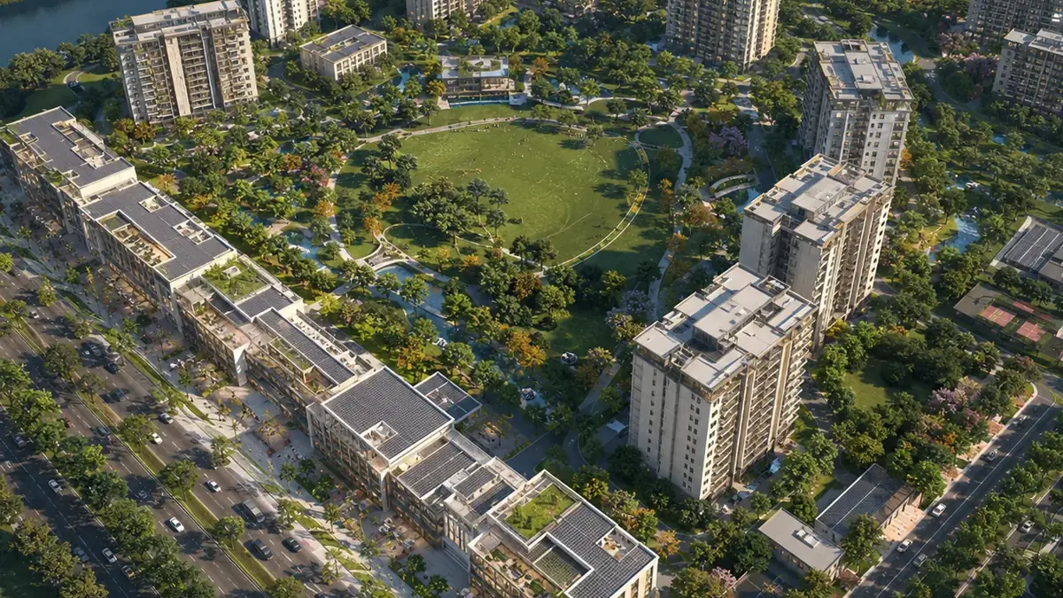 SOBHA Hennur–Bagalur — Aerial view of the 40-acre campus and central green