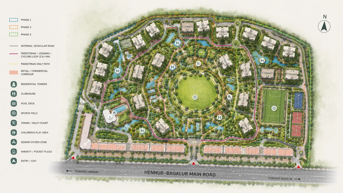 SOBHA Hennur–Bagalur — Indicative masterplan of the 40-acre campus with phase boundaries